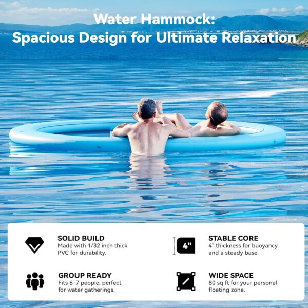 51e32db92efd41488b507d4a8a2b57e1 Round Inflatable Floating Dock, Sunchill Float Ring, Hammock Tanning Pool with 4in Woven Fabric, Manual Pump for 1-2 Min Quick Inflate/Deflate, Fits 2-8, Ideal for Lakes, Pools, Oceans