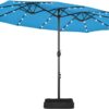 15 ft Large Patio Umbrella with Solar Lights Double-Sided Outdoor Rectangle Market Umbrellas with 36 LED Lights/Base Included/Easy Crank for Patio Garden Yard Pool Lawn, Brown