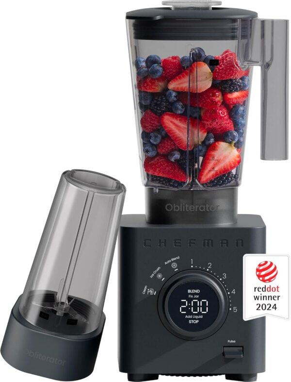 Chefman Obliterator 48 oz Countertop Blender for Smoothies, 1380W Motor to Crush Ice, Nuts, and Frozen Fruit with Stainless Steel Blade, Auto Blend Function, Includes 20 oz Travel Jar – Midnight