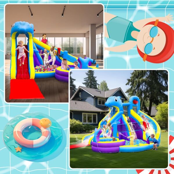 5232c3e2855741109624755b22e2433a 11-in-1 Inflatable Water Slide & Dolphin Bounce House w/2 Long Slides, 19.7 Ft x 13.1 Ft Extra Large Waterslide Climbing Wall w/Small Deeper Pool,Water Cannons,Hoop for Kids Backyard,550W Blower