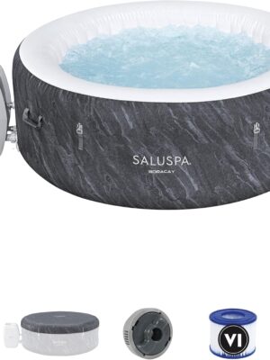 Bestway SaluSpa Fiji AirJet Large Round 2 to 4 Person Inflatable Hot Tub Portable Outdoor Spa with 120 AirJets and EnergySense Cover, Grey