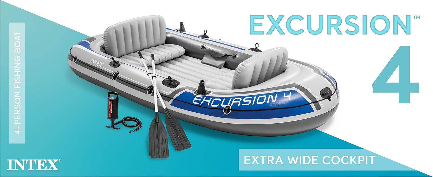 Intex Excursion 4 Person Inflatable Rafting and Fishing Boat Set with 2 Oars