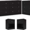 3-Pc Scandinavian Design Engineered Wood Bedroom Furniture Set with 3-Drawer Chest & 6-Drawer Double Dresser & 1-Drawer Nightstand, Pewter Plastic Handles, Smooth Plastic Glides, in Black