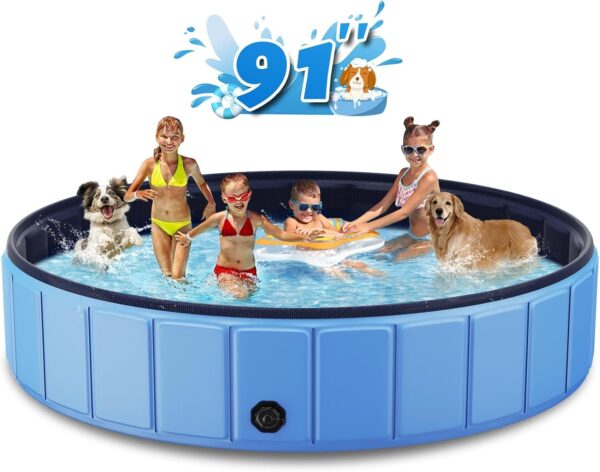 Foldable Dog Swimming Pool, 120′′x20′′ Oversize Collapsable Hard Plastic Potable Bathing Tub for Pet Dog Kiddie Pool Indoor and Outdoor Leakproof PVC Play Pool for Large Dogs Pets Puppy Kids Blue