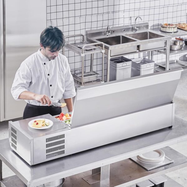 54ae196174d34a349bb4f699e72b8032 Refrigerated Condiment Prep Station, 135 W Countertop Refrigerated Condiment Station, with 2 1/3 Pans & 4 1/6 Pans, 304 Stainless Body and PC Lid, Sandwich Prep Table with Stainless Guard, ETL