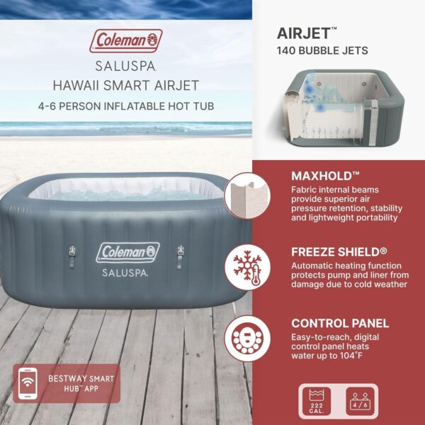 5514526623c44d07a04c5fd8ad42259d 4 to 6 Person Inflatable Hot Tub Square Portable Outdoor Spa with 114 Soothing AirJets and Insulated Cover, Gray-Coleman