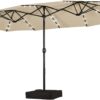 15 ft Large Patio Umbrella with Solar Lights Double-Sided Outdoor Rectangle Market Umbrellas with 36 LED Lights/Base Included/Easy Crank for Patio Garden Yard Pool Lawn, Brown