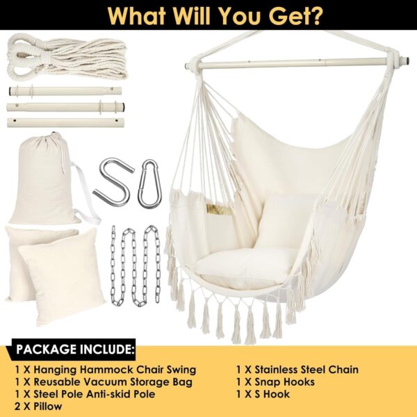 55e4a71f3d99479f9c63b5aa327a4ab1 Y- Stop Hammock Chair Hanging Rope Swing, Max 500 Lbs, 2 Cushions Included, Large Macrame Hanging Chair with Pocket for Superior Comfort, with Hardware Kit (Beige)