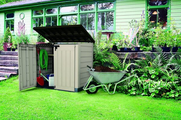 56390ec6a8d045d795b94da55fb846e3 Store-It-Out MAX 4.8 x 2.7 Outdoor Resin Horizontal Storage Shed, 42 cu.ft, Beige/Brown