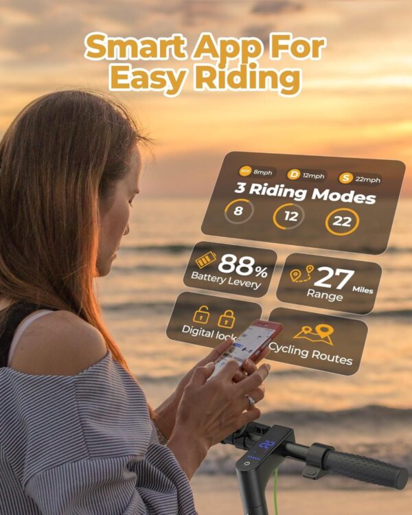 Electric Scooter – 8.5′′ Solid Tires, 350W Motor, Up to 19 MPH and 21-23 Miles Long-Range Portable Foldable Commuting Scooter for Adults with Double Braking System and App