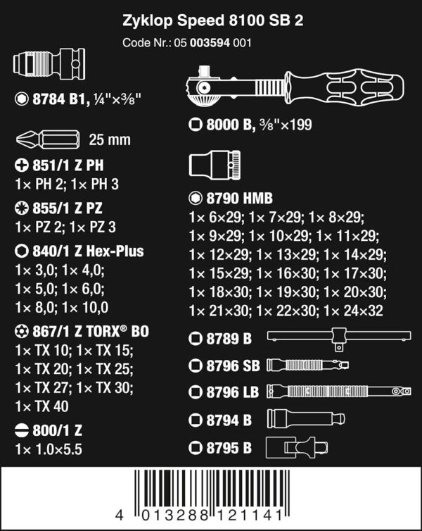 57436968a50447d1a38a5a16bddfa0d2 5003594001 8100 SB 2 Zyklop 3/8′′ Metric Ratchet Set ( Piece of 43)