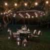 15 ft Large Patio Umbrella with Solar Lights Double-Sided Outdoor Rectangle Market Umbrellas with 36 LED Lights/Base Included/Easy Crank for Patio Garden Yard Pool Lawn, Brown