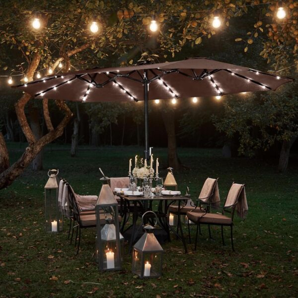 5762711dc6794d2a94a86e973dbf431d 15 ft Large Patio Umbrella with Solar Lights Double-Sided Outdoor Rectangle Market Umbrellas with 36 LED Lights/Base Included/Easy Crank for Patio Garden Yard Pool Lawn, Brown