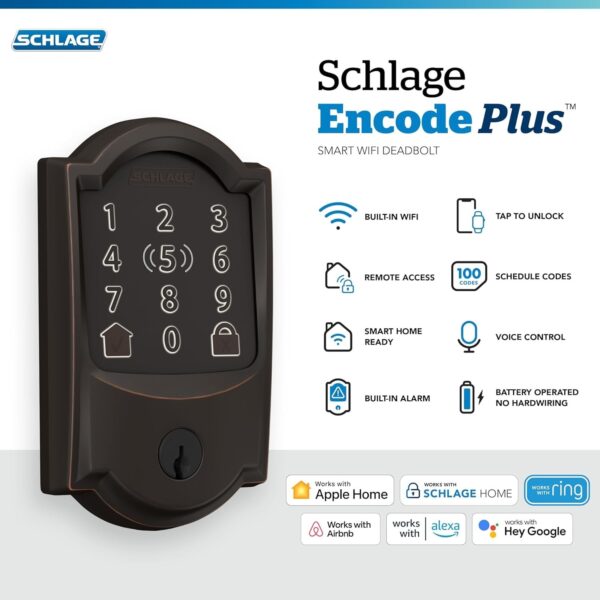 Encode Plus Smart Wi-Fi Lock for Front Door, Keyless Entry Deadbolt, Unlock with Apple Watch, Built-in WiFi and App Control, Easy Install, Alexa & Apple HomeKit Compatible, Matte Black