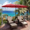 15 ft Large Patio Umbrella with Solar Lights Double-Sided Outdoor Rectangle Market Umbrellas with 36 LED Lights/Base Included/Easy Crank for Patio Garden Yard Pool Lawn, Brown