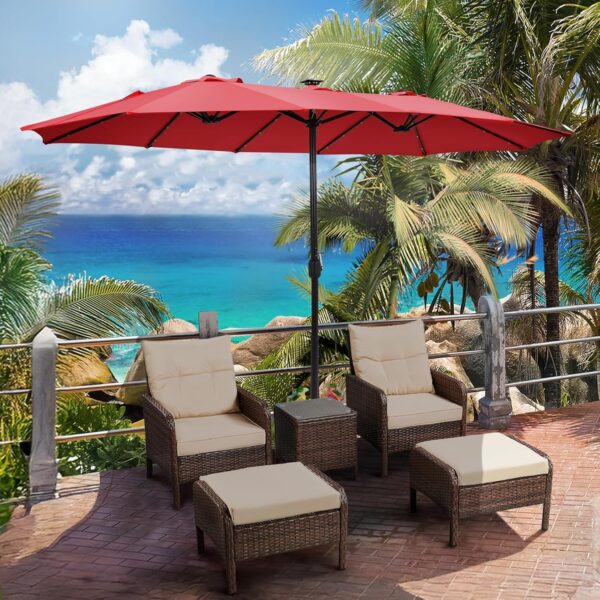 579916fc86c84d65820776315e9bd741 15 ft Large Patio Umbrella with Solar Lights Double-Sided Outdoor Rectangle Market Umbrellas with 36 LED Lights/Base Included/Easy Crank for Patio Garden Yard Pool Lawn, Brown