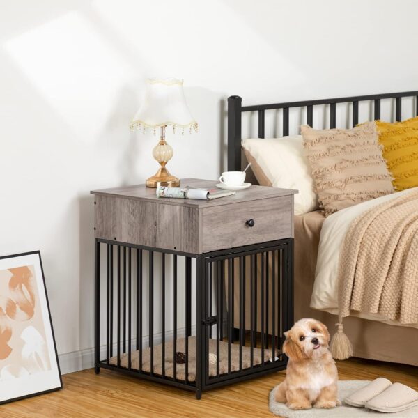HOOBRO Dog Crate Furniture, Wooden Dog House, Decorative Dog Kennel with Drawer, Indoor Pet Crate End Table for Small Dog, Steel-Tube Puppy Cage, Chew-Proof, Rustic Brown and Black BF01GW03
