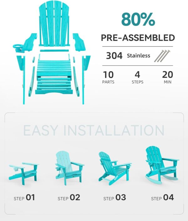 57cf55157ed94b55ad24acf9517c0d23 Folding Adirondack Rocking Chair,4-in-1 Multifunctional Patio Chair with Retractable Ottoman, Outdoor Chair Wood Texture, Lawn Chair for Porch, Backyard, Pool(Grey)