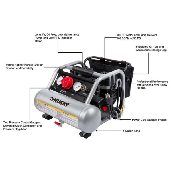 Husky 3300113 1 Gal. Portable Electric-Powered Silent Air Compressor