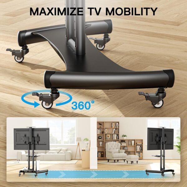 Rolling/Mobile TV Cart with Wheels for 32-82 Inch LCD LED 4K Flat Screen TVs – TV Floor Stand with Shelf Holds Up to 100 lbs, Height Adjustable Trolley Max VESA 600x400mm- PSTVMC05