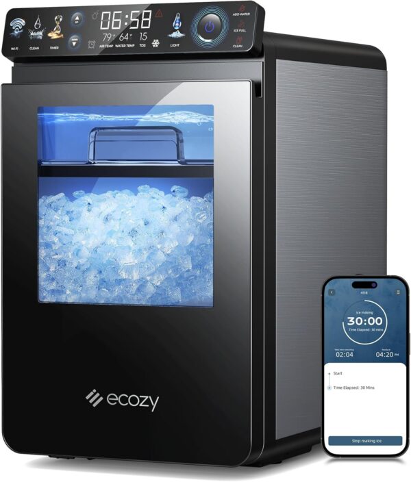 58a46eecef244a3da2befb139e0868d2 ecozy Nugget Ice Maker Countertop, Smart Pebble Ice Machine with APP Control, 44 lbs/24H Soft Pellet Chewable Ice with Self-Cleaning, Stainless Steel