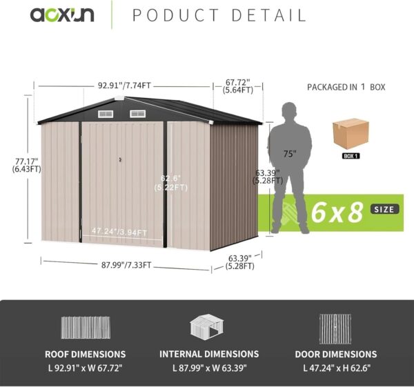 58f30824dc034048929231243292ec13 Aoxun 6.2×4 FT Shed Outdoor Storage Shed Metal Garden Shed with Lockable Doors & Slooping Roof Tool Shed Bike Shed for Backyard, Patio, Poolside (Brown)