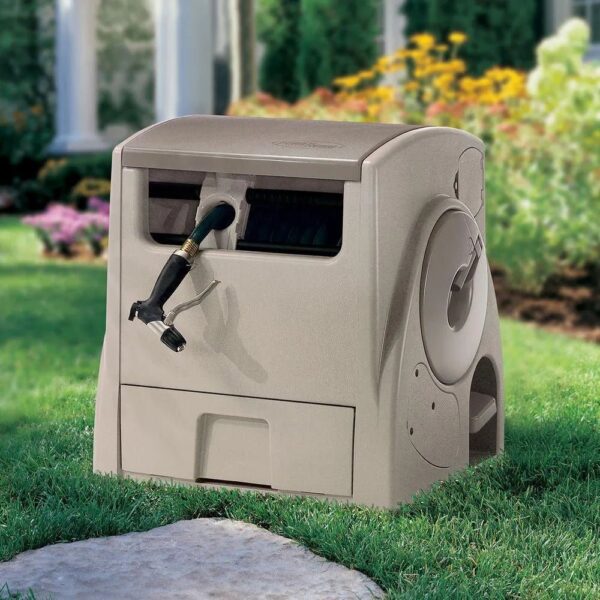 59186c157fa742f7ad9dd35b63813e81 Suncast 100 ft. Powerwind Auto Power Rewind Hose Reel, Light Taupe