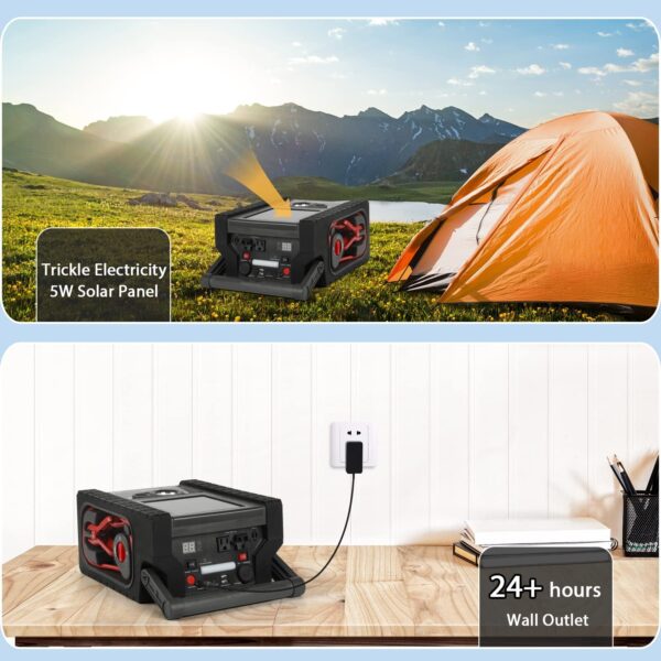 Solar Portable Power Station 2000 Amps Jump Starter, 260 PSI Air Compressor, 12V Car Battery Charger with 400W Inverter Dual AC/DC/USB Output, Emergency Backup Power with Flashlights