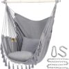 Y- Stop Hammock Chair Hanging Rope Swing, Max 500 Lbs, 2 Cushions Included, Large Macrame Hanging Chair with Pocket for Superior Comfort, with Hardware Kit (Beige)