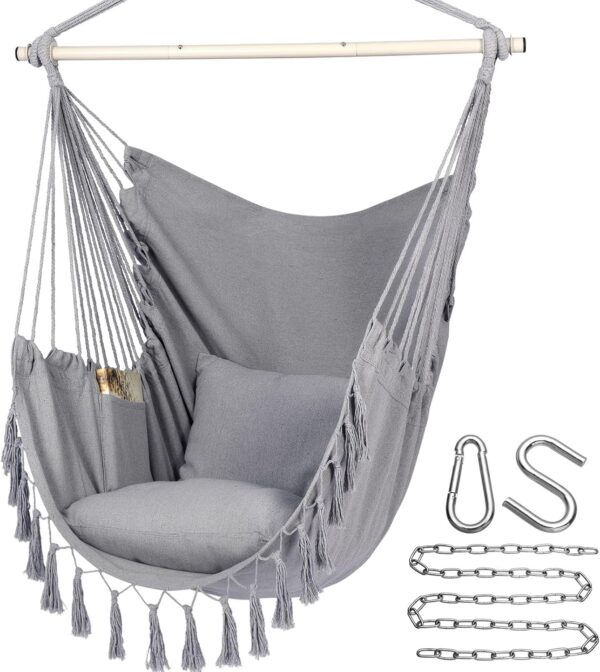 5a2bdc4c2d5d47d38ab9e0afec9089db Y- Stop Hammock Chair Hanging Rope Swing, Max 500 Lbs, 2 Cushions Included, Large Macrame Hanging Chair with Pocket for Superior Comfort, with Hardware Kit (Beige)