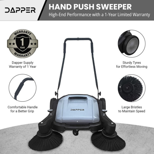 5a317433f5154208ba45e5b0bd7e57f7 Walk-Behind Outdoor Hand Push Floor Sweeper – 5.25 Gallon Capacity – 25.5′′ Sweeping Width – Sweeps up to 27,900 ft2 / Hour, Grey