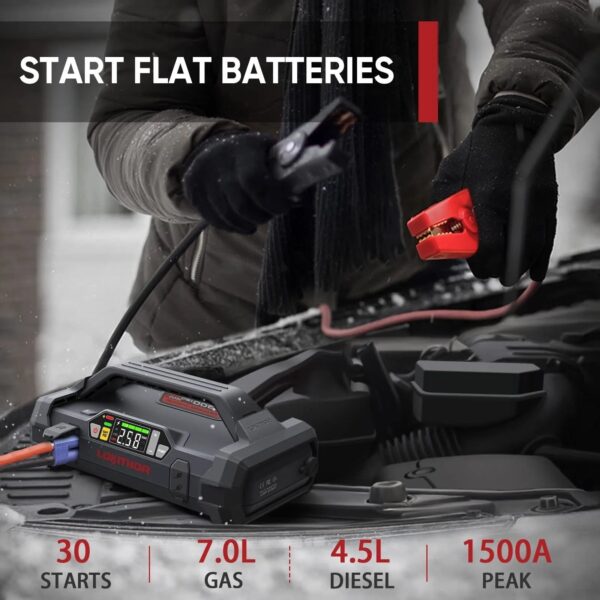 5a9f49aeb2e24196aae3b41980444d67 Starter with Air Compressor, 1500Amp 12V Portable Car Battery Booster Pack for Upto 7.0L Gas or 4.5L Diesel, 150 PSI Tire Inflator with Digital Screen, 24 Months Ultra-Long Standby