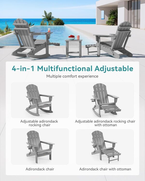 5b24bb94ff7c455684205e64e187c347 Folding Adirondack Rocking Chair,4-in-1 Multifunctional Patio Chair with Retractable Ottoman, Outdoor Chair Wood Texture, Lawn Chair for Porch, Backyard, Pool(Grey)