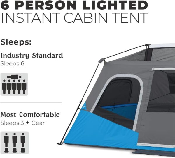 CORE Instant Cabin Tents with LED Lights | 6 Person / 9 Person / 12 Person Family Multi Room Lighted Pop Up Tents for Camping | Included Storage Pockets for Camping Accessories