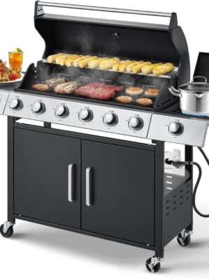 Upgraded 4 Burner BBQ Propane Gas Grill with Cast Iron Grates & Side Stove, 44,000 BTU Stainless Steel Burner Barbecue Grill for Patio, Camping, Outdoor Cooking MELLCOM