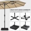 15 ft Large Patio Umbrella with Solar Lights Double-Sided Outdoor Rectangle Market Umbrellas with 36 LED Lights/Base Included/Easy Crank for Patio Garden Yard Pool Lawn, Brown