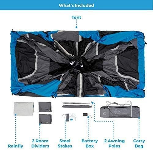 CORE Instant Cabin Tents with LED Lights | 6 Person / 9 Person / 12 Person Family Multi Room Lighted Pop Up Tents for Camping | Included Storage Pockets for Camping Accessories