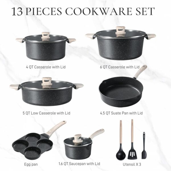 22pcs Pots and Pans Set Nonstick, Cookware Set White Granite Induction Kitchen Cooking Set w/Frying Pans & Saucepans& Grill Pan(PFOS, PFOA Free)