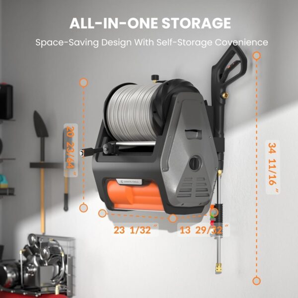 Pressure Washer Pro, Electric Wall Mount Power Washer with 100FT Retractable Pressure Hoses, 3300PSI, 1.6GPM, 4 Nozzles, Foam Cannon for Cars/Patios, Dark Silver