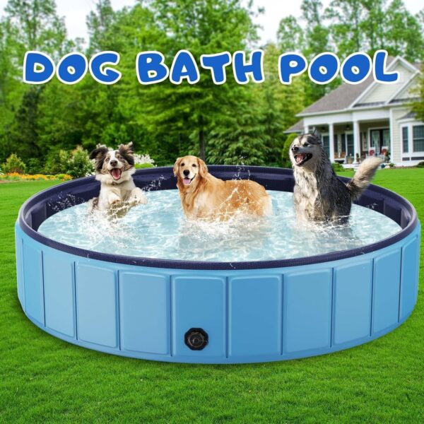 Foldable Dog Swimming Pool, 120′′x20′′ Oversize Collapsable Hard Plastic Potable Bathing Tub for Pet Dog Kiddie Pool Indoor and Outdoor Leakproof PVC Play Pool for Large Dogs Pets Puppy Kids Blue