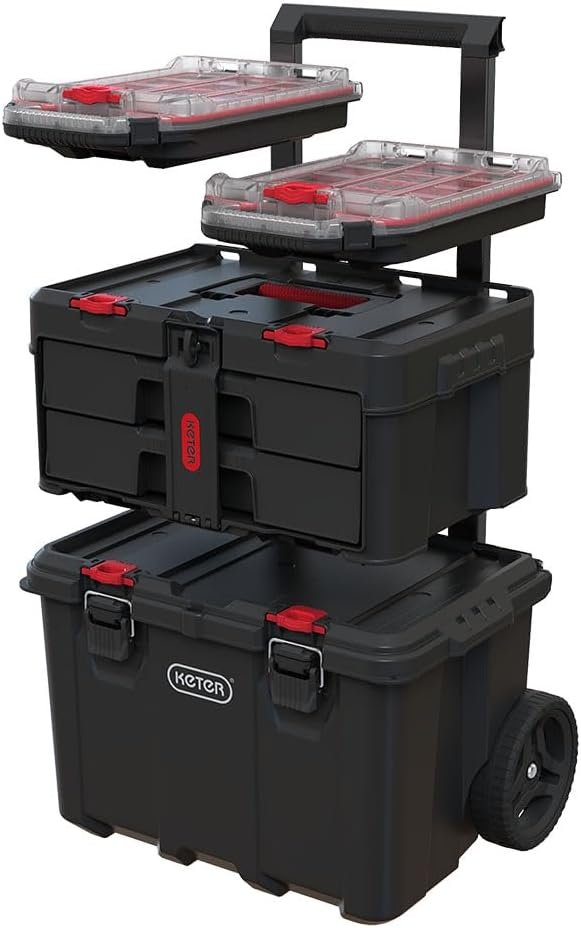 Keter Stack-n-Roll Modular Tools Organizer for Garage Storage and DIY, 3 Piece Resin Rolling Tool Box System for Small Parts
