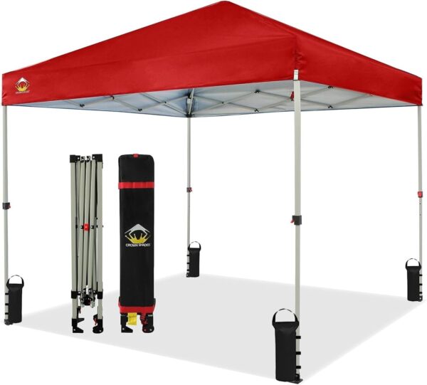CROWN SHADES 10×10 Pop Up Canopy – Beach Tent with One Push Setup – Easy Outdoor Sun Shade for Events, Parties, Camping – Gazebo with STO-N-Go Cover Bag, Silver Coated Top, White