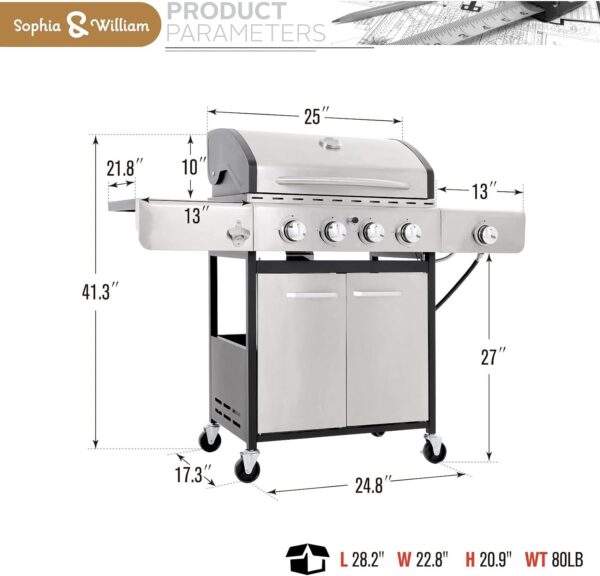 Burner Gas grill with side burner and enameled cast iron grille 42,000BTU outdoor cooking stainless steel propane grill Garden grill