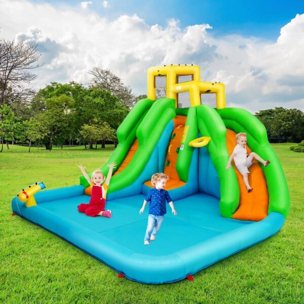 5e8ad60411e940b58a1d8f76c7d856b8 Inflatable Water Park Bounce House w/Climbing Wall Two Slides and Splash Pool