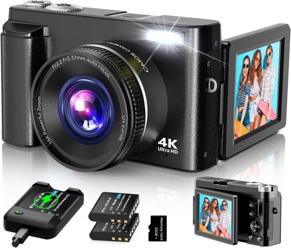 5e8dc7aa0b3b467c9d9bf0809acd95ce 4K Digital Camera for Photography Autofocus, 2024 Latest 48MP Vlogging Camera for YouTube with SD Card, 2 Batteries, 3′′ 180°Flip Screen Compact Travel Camera for Teens with 16X Zoom, Anti-Shake,Black