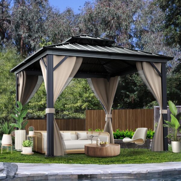 5eccff34b1a748a9a56d4c0c1adb6893 10’x10′ Hardtop Gazebo with double metal roof, aluminum frame, net, and curtain. All-weather, ideal for patio, deck, garden, backyard. Khaki.