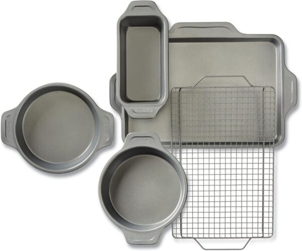 60103b51f6bb4940bad2e4cdb41306b7 All-Clad Pro-Release Nonstick Bakeware Set 10 Piece Oven Safe 450F Half Sheet, Cookie Sheet, Muffin Pan, Cooling & Baking Rack, Round Cake Pan, Loaf Pan, Baking Pan Grey