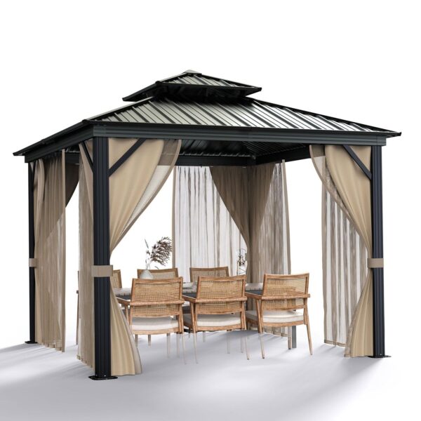 603a89772c7a4091b9adf2a4a78fdc25 10’x10′ Hardtop Gazebo with double metal roof, aluminum frame, net, and curtain. All-weather, ideal for patio, deck, garden, backyard. Khaki.