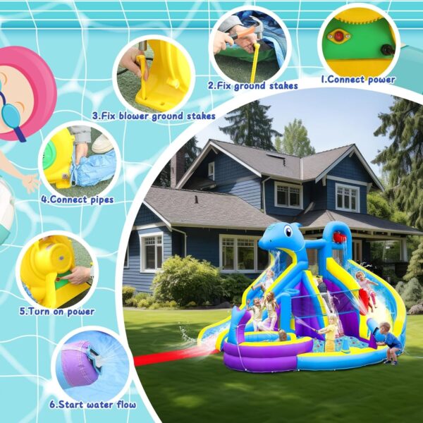 61a6e633283c49a89e1ccf31958a6121 11-in-1 Inflatable Water Slide & Dolphin Bounce House w/2 Long Slides, 19.7 Ft x 13.1 Ft Extra Large Waterslide Climbing Wall w/Small Deeper Pool,Water Cannons,Hoop for Kids Backyard,550W Blower