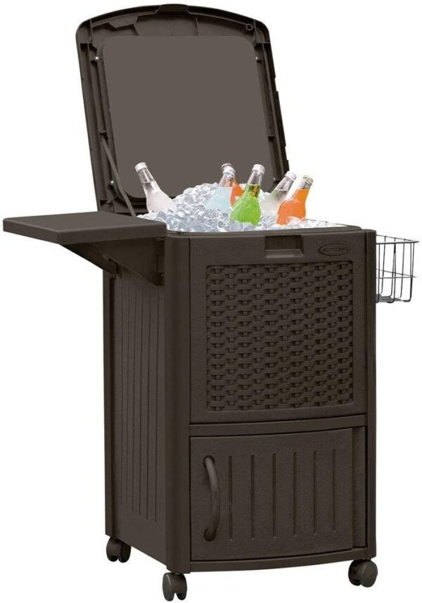 61f7dc2478544e389579f77fc78a96f6 77 Quart Resin Beverage Cart, Java & Suncast 33 Gallon Resin Trash Can
